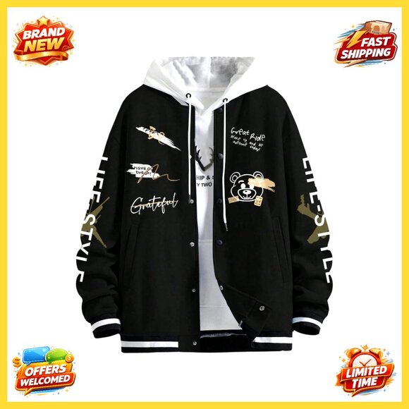 Oversized Varsity Bomber Jacket Graphic Print Button Down Long Sleeve Streetwear